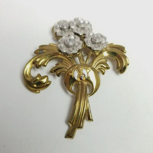 Vintage Brass & Cut Steel Floral Spray Brooch, Gold Tone Masonic Emblem Center - Picture 5 of 6